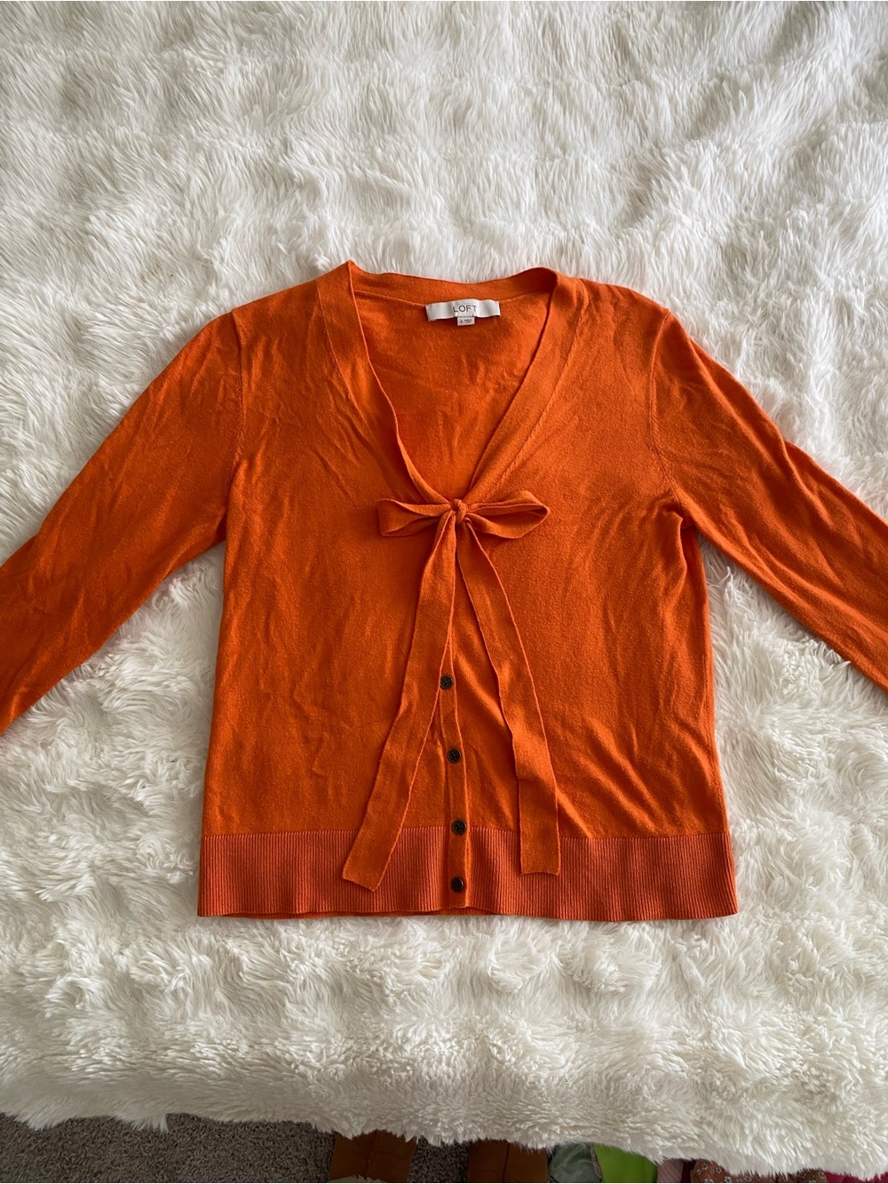 LOFT Orange V-Neck Tie-Neck Cardigan Sweater